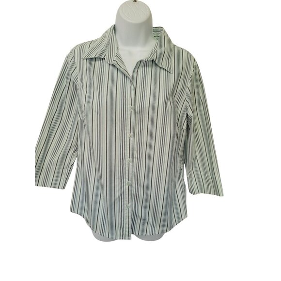 ALC Atlast Classics Womens Striped Button-Down Shirt 3/4 Sleeves Light Blue/Whit - Picture 1 of 8
